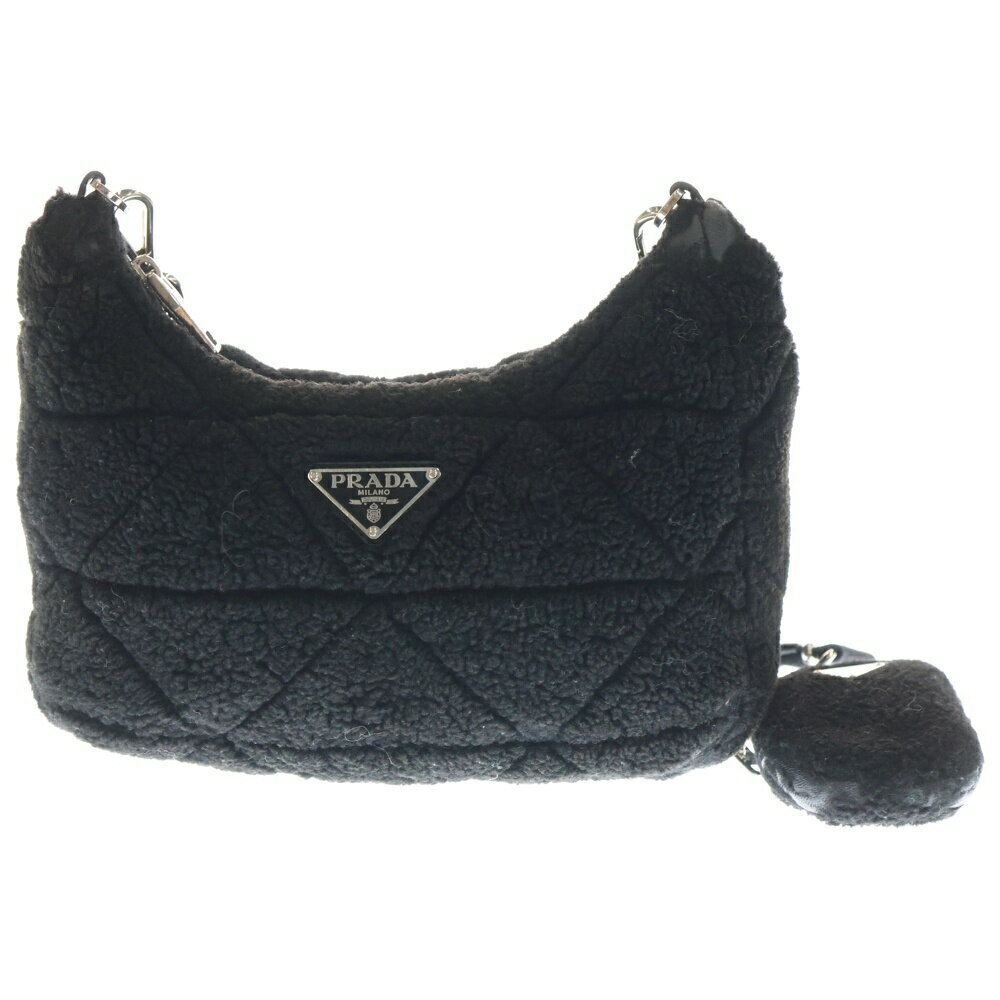PRADA Sheep Fur Shoulder Bag Black Triangle Logo Plate Pouch